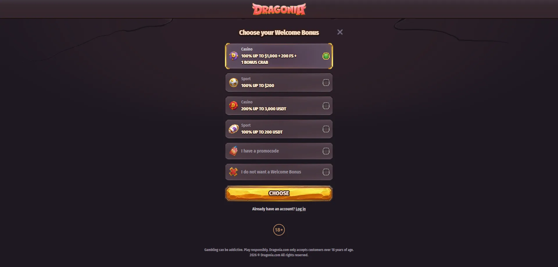 Dragonia Casino welcome bonus — 100% up to NZ$1,000 plus free spins
